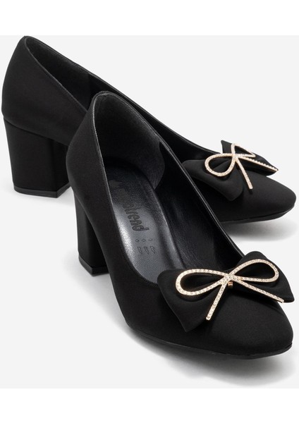 Kadın Papyonlu Kurdele Taşlı Topuklu Ayakkabı Siyah Zra