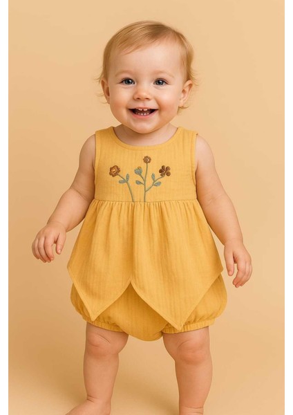 %100 Pamuk Kız Bebek/çocuk Peri Elbise Nakışlı Eteği Parçalı + Külotlu Müslin Organik Takım