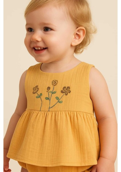 %100 Pamuk Kız Bebek/çocuk Peri Elbise Nakışlı Eteği Parçalı + Külotlu Müslin Organik Takım fiyatları