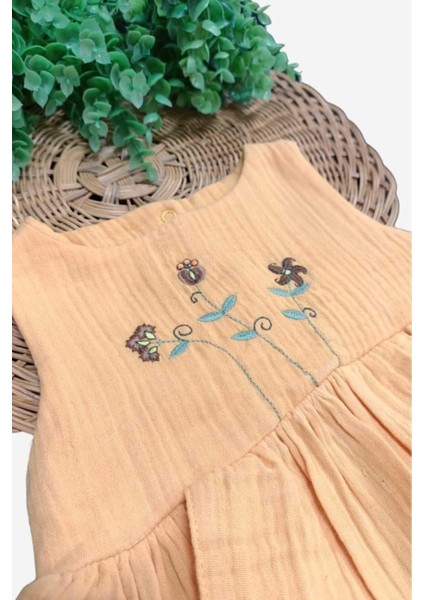 %100 Pamuk Kız Bebek/çocuk Peri Elbise Nakışlı Eteği Parçalı + Külotlu Müslin Organik Takım modelleri