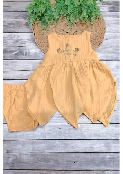 %100 Pamuk Kız Bebek/çocuk Peri Elbise Nakışlı Eteği Parçalı + Külotlu Müslin Organik Takım fırsatları