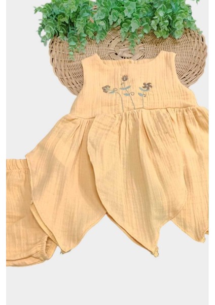 %100 Pamuk Kız Bebek/çocuk Peri Elbise Nakışlı Eteği Parçalı + Külotlu Müslin Organik Takım indirimleri