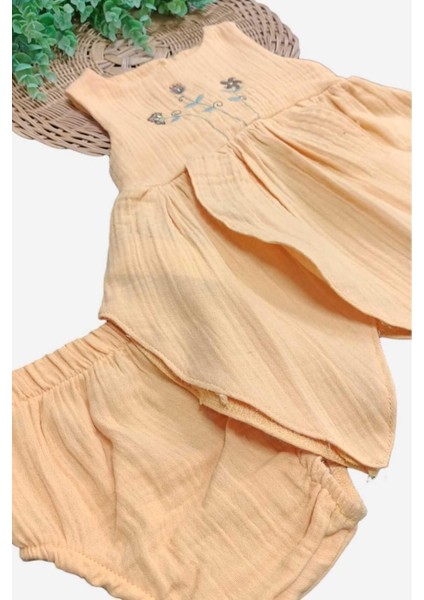 %100 Pamuk Kız Bebek/çocuk Peri Elbise Nakışlı Eteği Parçalı + Külotlu Müslin Organik Takım