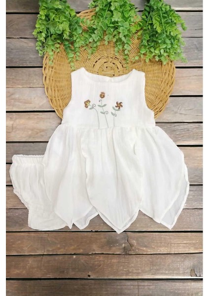 %100 Pamuk Kız Bebek/çocuk Peri Elbise Nakışlı Eteği Parçalı + Külotlu Müslin Organik Takım fiyatları