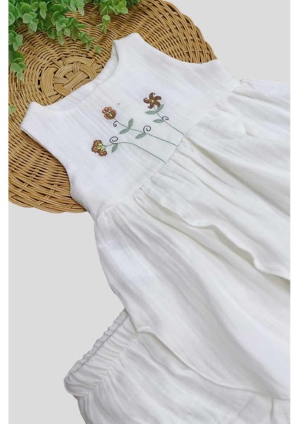 %100 Pamuk Kız Bebek/çocuk Peri Elbise Nakışlı Eteği Parçalı + Külotlu Müslin Organik Takım fırsatları