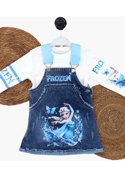 1-5yaş Elsa Frozen & Minnie Mickey Baskılı Kot Jile+Badi 2li Takım Kız Çocuk Ayarlı Askılı Mevsimlik