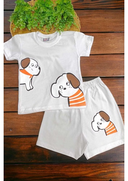 Unısex Çocuk Köpek Baskılı Alt Üst 2li Takım Yazlık Ince Kısa Kollu