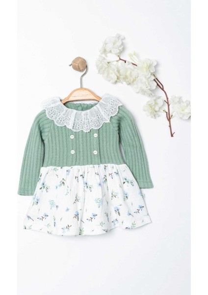 Kız Bebek Dantel Yakalı Üstü Örme Triko Altı Müslin Elbise Vintage 3-6-9-12-18-24AY