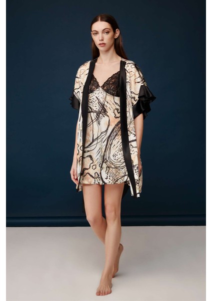 Kadın Baskılı Desenli Saten Kumaş Gecelik Sabahlık Takımı fırsatları