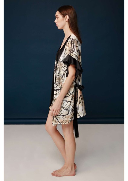 Kadın Baskılı Desenli Saten Kumaş Gecelik Sabahlık Takımı