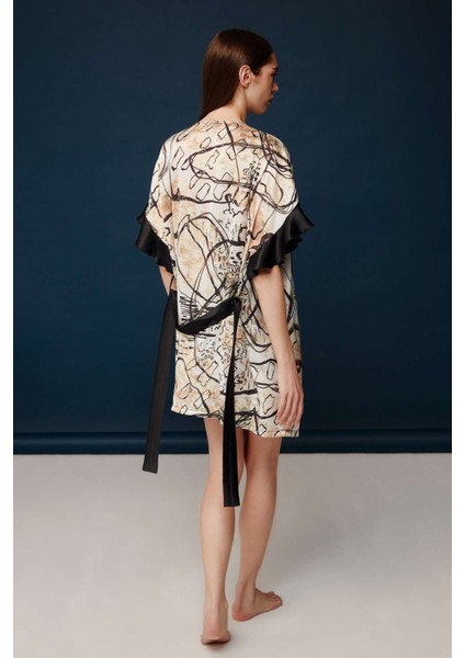 Kadın Baskılı Desenli Saten Kumaş Gecelik Sabahlık Takımı