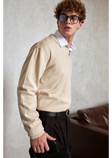 Erkek Pamuklu Polo Yaka Oversize Triko Kazak