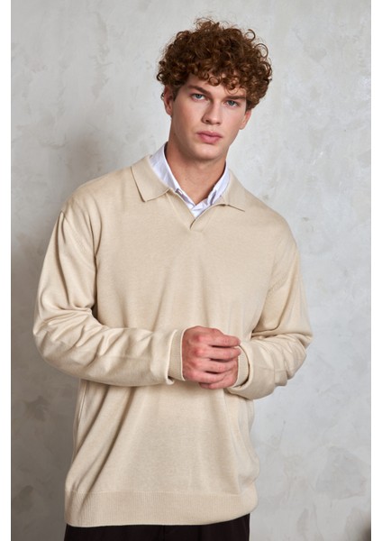 Erkek Pamuklu Polo Yaka Oversize Triko Kazak fiyatları