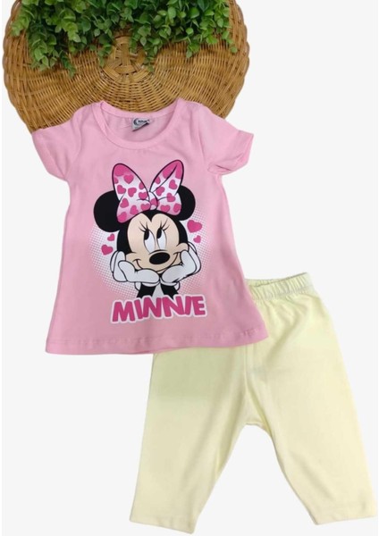 Kız Çocuk Minnie Mouse Baskılı Taytlı Alt Üst 2'li Takım Yazlık Kısa Kollu