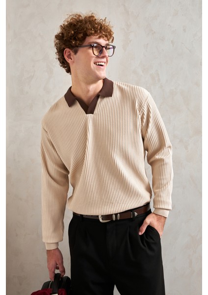 Erkek Polo Yaka Nopeli Oversize Triko Kazak