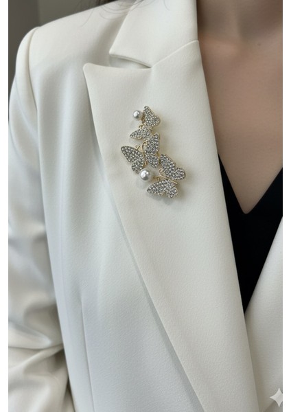 Altın Sarısı Inci Detay Taşlı Kelebekler Broş (5cm)