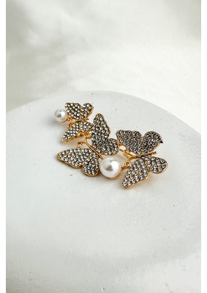 Altın Sarısı Inci Detay Taşlı Kelebekler Broş (5cm) fiyatları