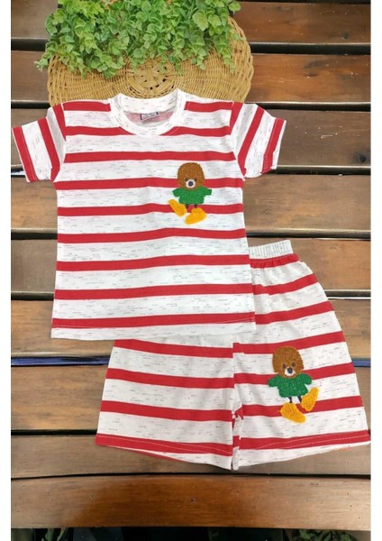 Çocuk Unısex Çizgili Nakışlı 2'li Alt Üst Takım Yazlık Ince Kısa Kollu