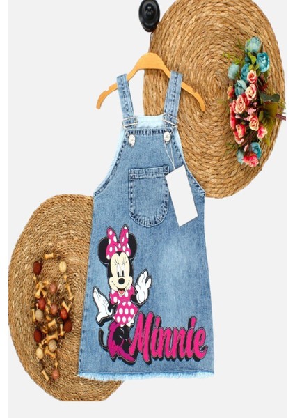 Kız Çocuk Kot Jile Salopet Minnie Mouse Baskılı Denim Elbise
