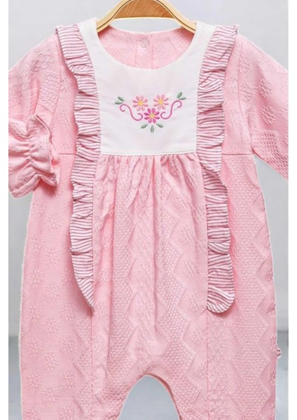 Çiçek Nakışlı Alttan Çıt Çıtlı Tulum 0-12 Ay Kendinden Desenli Pike Kumaş fiyatları