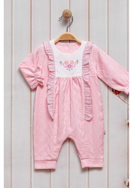 Çiçek Nakışlı Alttan Çıt Çıtlı Tulum 0-12 Ay Kendinden Desenli Pike Kumaş fırsatları