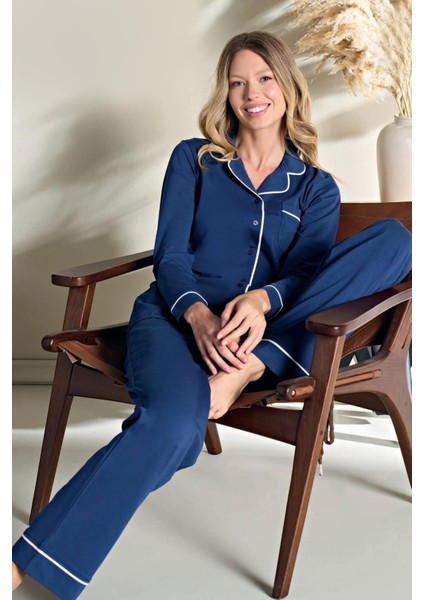 Kadın Penye Süprem Önden Düğmeli Pijama Takımı | Lacivert Ekru 3104