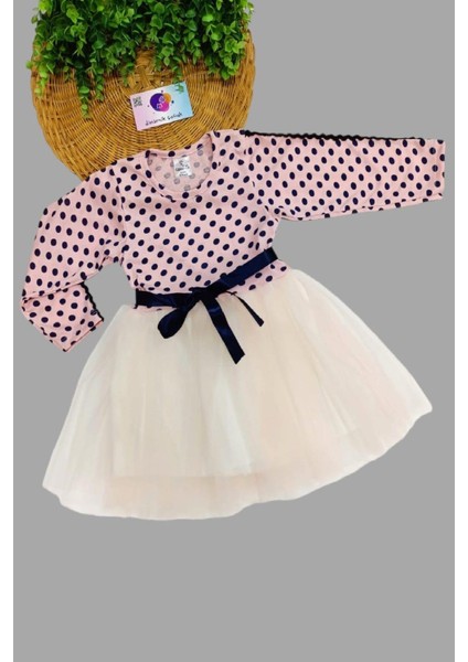 Kız Bebek Puantiyeli Kabarık Tütü Elbise Çocuk Uzun Kol Esnek Likralı