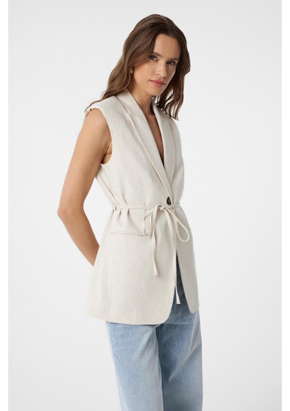 Ekru Kuşaklı Kadın Yelek