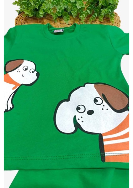 Unısex Çocuk Köpek Baskılı Alt Üst 2li Takım Yazlık Ince Kısa Kollu fırsatları