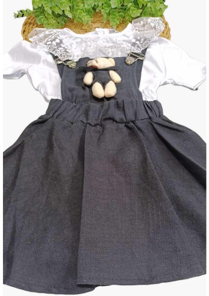 Kız Çocuk Dantelli Badili + Ayıcıklı Keten Jile Elbise 2'li Takım Ayarlanabilir Askılıklı Bayramlık modelleri