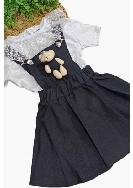 Kız Çocuk Dantelli Badili + Ayıcıklı Keten Jile Elbise 2'li Takım Ayarlanabilir Askılıklı Bayramlık fırsatları