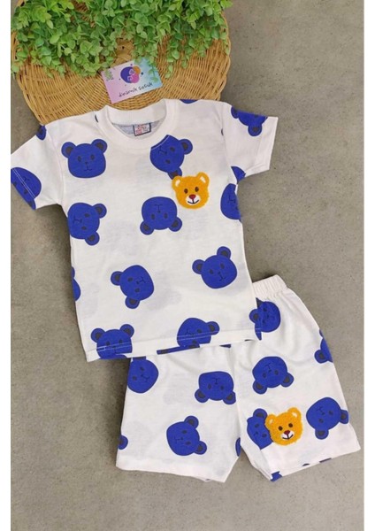 Ayıcıklı Nakışlı Çocuk Erkek/kız 2'li Alt Üst Takım Unısex Yazlık Ince Kısa Kollu