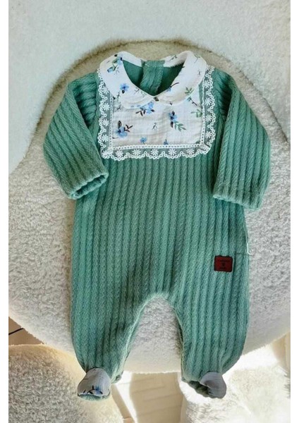 Kız Bebek Patikli Desenli Triko Tulum Alttan Çıtçıtlı Çiçek Müslin Önlü Nakışlı Yenidoğan 0-12AYLIK