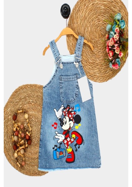Kız Çocuk Kot Jile Salopet Minnie Mouse Baskılı Denim Elbise