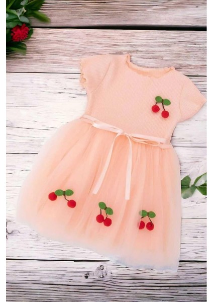 Kız Çocuk Kirazlı Kısa Kollu Tütülü Astarlı Elbise Özel Gün Doğum Günü Prenses