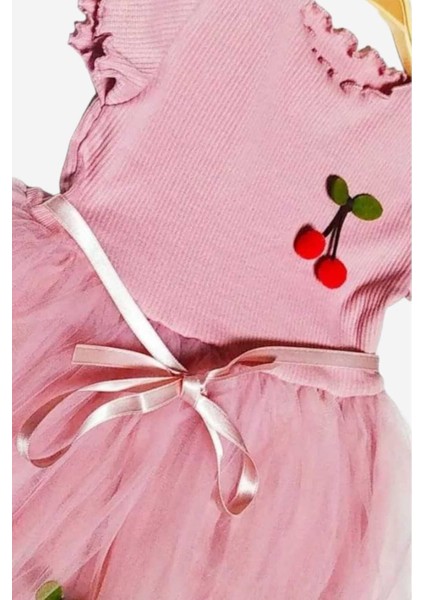 Kız Çocuk Kirazlı Kısa Kollu Tütülü Astarlı Elbise Özel Gün Doğum Günü Prenses modelleri