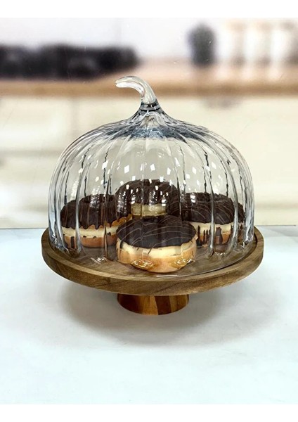 Miena 25X31 cm Ayaklı Akasya Cam Kek Fanus – Şık Sunum ve Taze Saklama 230125-2