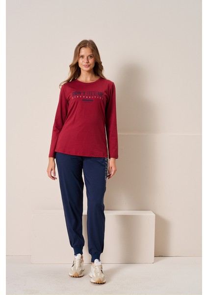 Kadın Penye Süprem Bisiklet Yaka Pijama Takım | Bordo 3198