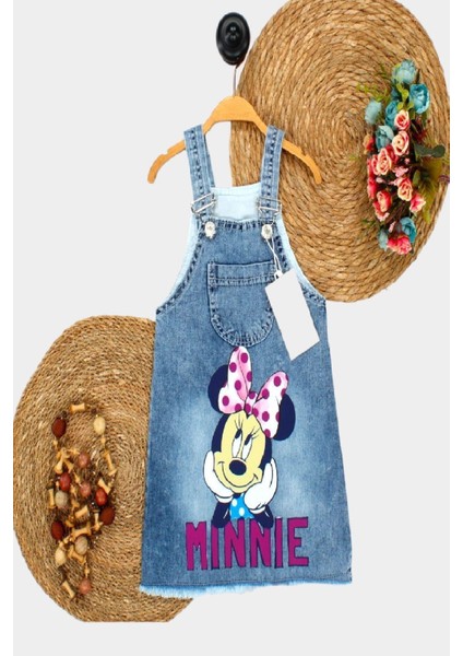 Kız Çocuk Kot Jile Salopet Minnie Mouse Baskılı Denim Elbise