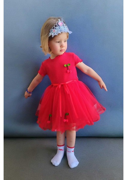 Kız Çocuk Kirazlı Kısa Kollu Tütülü Astarlı Elbise Özel Gün Doğum Günü Prenses
