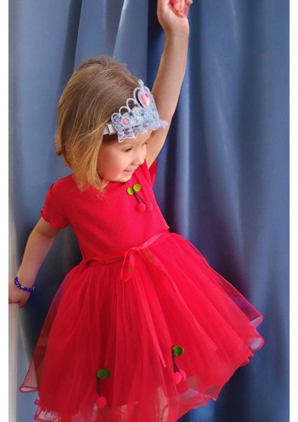 Kız Çocuk Kirazlı Kısa Kollu Tütülü Astarlı Elbise Özel Gün Doğum Günü Prenses fiyatları