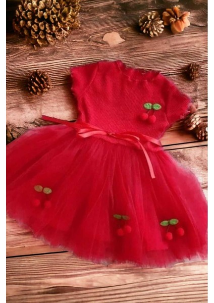 Kız Çocuk Kirazlı Kısa Kollu Tütülü Astarlı Elbise Özel Gün Doğum Günü Prenses modelleri