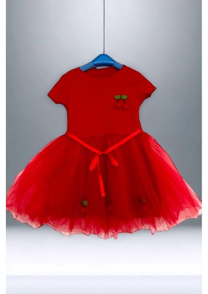 Kız Çocuk Kirazlı Kısa Kollu Tütülü Astarlı Elbise Özel Gün Doğum Günü Prenses fırsatları