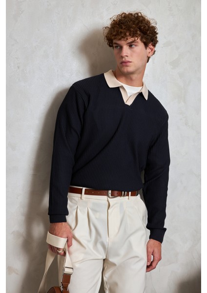 Erkek Polo Yaka Nopeli Oversize Triko Kazak