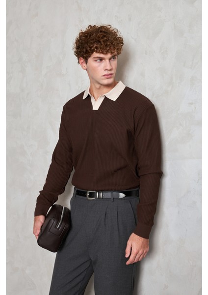 Erkek Polo Yaka Nopeli Oversize Triko Kazak