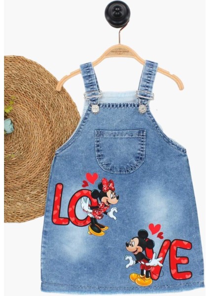 Kız Çocuk Kot Jile Salopet Minnie Mouse Baskılı Denim Elbise
