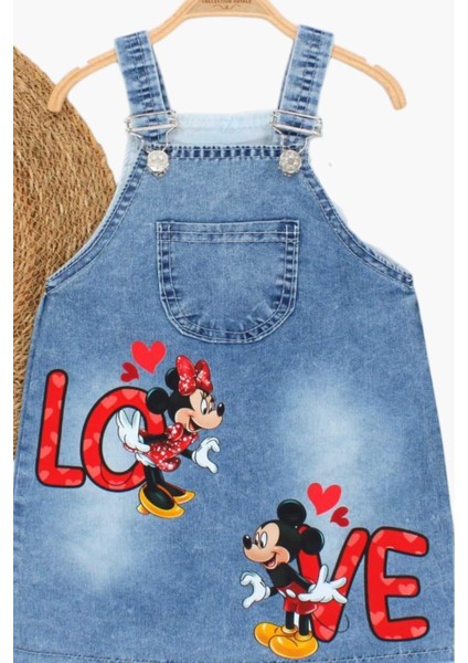 Kız Çocuk Kot Jile Salopet Minnie Mouse Baskılı Denim Elbise fiyatları