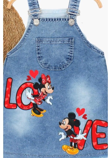 Kız Çocuk Kot Jile Salopet Minnie Mouse Baskılı Denim Elbise modelleri