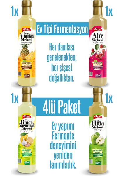 Paşa Premium 4’lü Sirke Seti – Detoks Ananas, Elma, Alıç ve Limon Sarımsak Sirkesi fiyatları