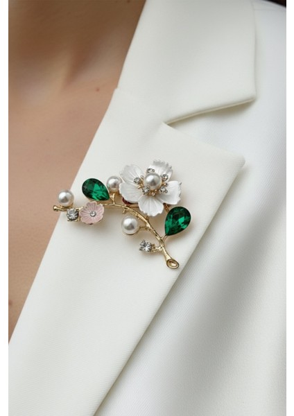 Altın Sarısı Oval Taş Detay Incili Çiçek Motif Broş (6cm)